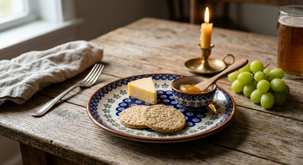 Polish pottery dessert plate in Kiwi pattern styled on a cheese night table with crackers and grapes