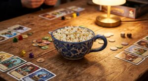 Handmade Polish pottery loop-handle bowl filled with popcorn on a game night table