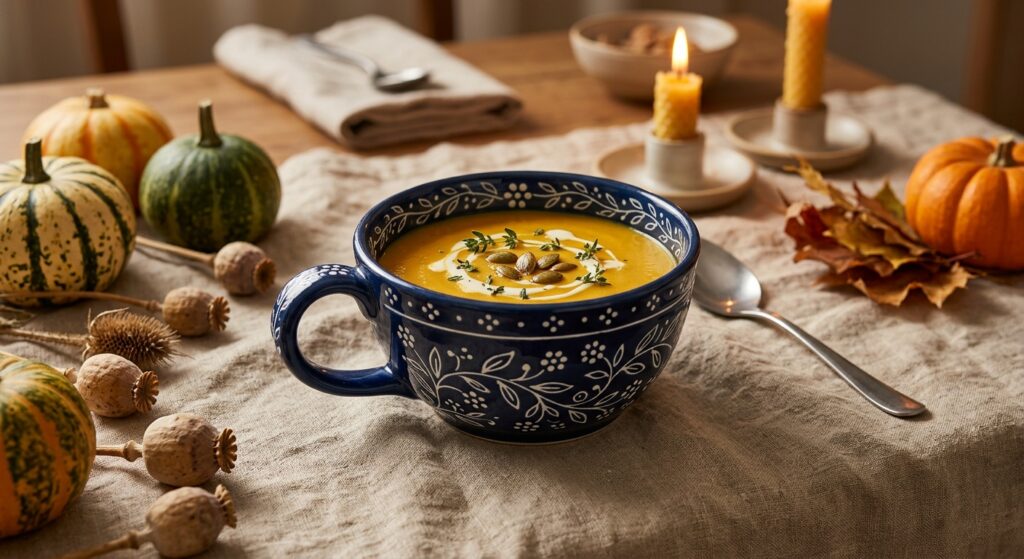 Polish pottery loop-handle bowl filled with golden soup on an autumn harvest supper table