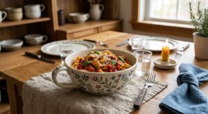 Handmade Polish pottery loop-handle bowl filled with pasta on a cosy kitchen table