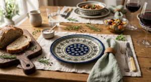 Hand-painted Bolesławiec stoneware plate styled on a Sunday roast table with linen and herbs