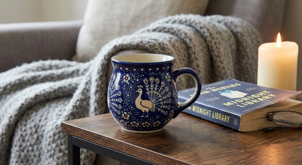 Polish Pottery ceramic bubble mug in Night Sky pattern beside a paperback book on a cosy evening table