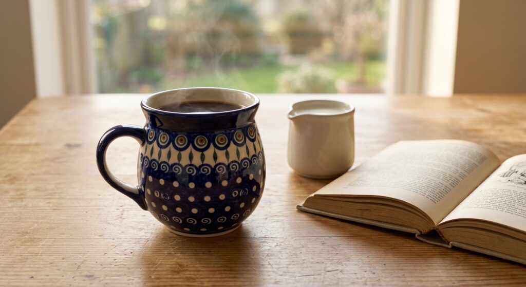 Polish Pottery Coffee Mug Bubble 16 oz Night Sky on a morning kitchen table with soft natural light