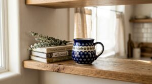 Polish pottery bubble mug in Night Sky pattern on a wooden shelf in a bright new home
