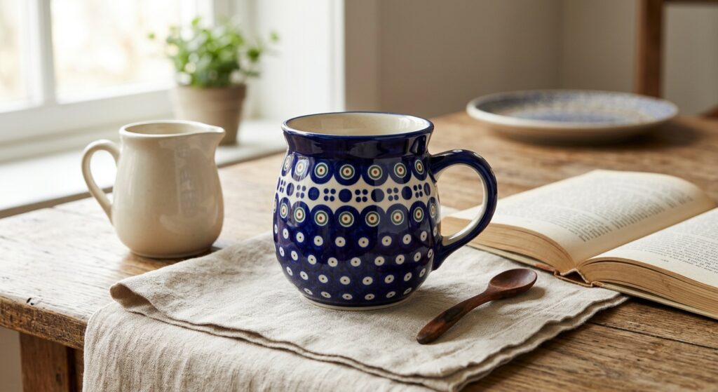 Polish Pottery ceramic bubble mug in Night Sky pattern on a morning kitchen table with linen cloth