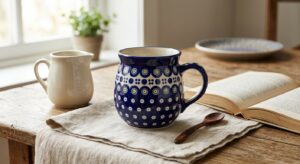 Polish Pottery ceramic bubble mug in Night Sky pattern on a morning kitchen table with linen cloth