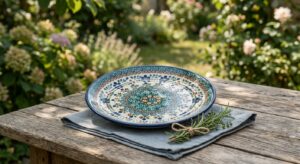 Polmedia Polish pottery 8-inch stoneware plate with hand-painted pattern on a garden table set for a summer BBQ