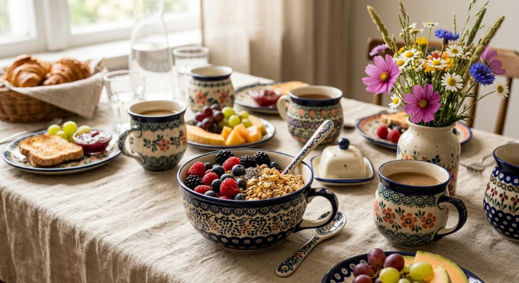 ALMA handmade loop handle ceramic bowl on a styled brunch table with Polish pottery pieces