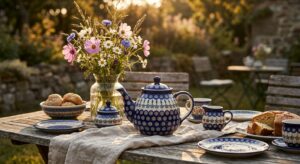 Bolesławiec ceramic teapot on a sunlit outdoor garden table set for midsummer dining with Polish pottery