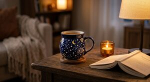 Polish Pottery ceramic bubble mug in Night Sky pattern on a cosy evening table with candlelight